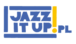 logotyp z napisem jazz it up w kolorze niebieskim